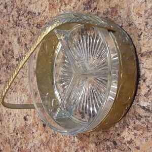 Vintage,glass with metal handled tray,condiments,candy,car keys and change.